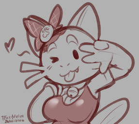 anthro barbel_(anatomy) bell bell_collar big_breasts blep breasts cleavage clothed clothing collar cute_fangs dot_eyes fangs female fin front_view gesture hand_gesture heart_symbol looking_at_viewer pose shirt simple_eyes smile solo tail tail_fin tank_top teeth tongue tongue_out topwear v_sign felino pixile_studios super_animal_royale miyu_(felino) aquatic cat_fish_(sar) catfish fish super_fish_(sar) 2026 restricted_palette sketch