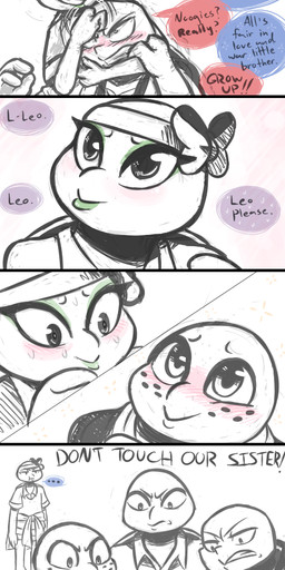 anthro blush bodily_fluids chokehold clothed clothing crossgender dialogue ellipsis eyeshadow female freckles green_eyeshadow green_lipstick group headlock lipstick makeup male noogie overprotective pouting shell simple_background smile speech_bubble sweat sweatdrop text white_background inkyfrog teenage_mutant_ninja_turtles donatello_(tmnt) leonardo_(tmnt) michelangelo_(tmnt) raphael_(tmnt) reptile scalie turtle 2017 comic english_text hi_res partially_colored