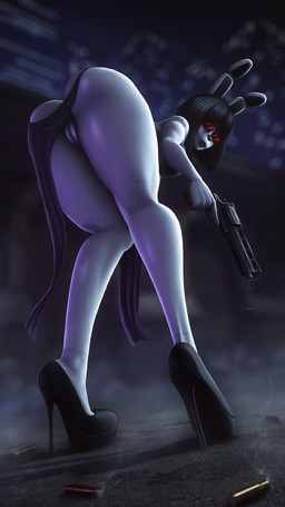anthro bare_shoulders bent_over big_butt black_bottomwear black_clothing black_footwear black_hair black_high_heels black_lips black_loincloth black_shirt black_topwear blurred_background bob_cut bodily_fluids bottomwear bottomwear_aside breasts butt cartridge_case city clothing clothing_aside dripping dutch_angle eyewear female footwear genital_fluids genitals glasses glistening glistening_body gun gun_smoke hair high_heels holding_gun holding_object holding_ranged_weapon holding_weapon innie_vulva lips loincloth loincloth_aside machine medium_breasts medium_hair night outside ranged_weapon red_eyewear red_glasses shirt shoes smoke solo thick_thighs topwear vaginal_fluid_drip vaginal_fluids vaginal_fluids_on_leg vulva weapon wearing_glasses white_body lamoz571 disembowell_(modeler) red-eye_(modeler) white_angel_(doctorpurple2000) lagomorph leporid mammal rabbit robot robot_anthro 2026 3d_(artwork) 9:16 absurd_res digital_media_(artwork) hi_res source_filmmaker_(artwork) watermark