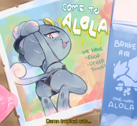 anthro bent_legs bikini biped black_bikini black_clothing black_swimwear butt chibi clothed clothed_anthro clothed_female clothing crouching cute_fangs dialogue ellipsis fangs feet female female_anthro genitals grey_body looking_at_viewer low-angle_view open_mouth open_smile pose post postcard pupils pussy_floss red_eyes seductive smile solo swimwear tail teeth text two-piece_swimsuit vulva whiskers white_pupils white_sclera white_text yellow_text ligma_(artist) nintendo pokemon alolan_form alolan_meowth generation_7_pokemon pokemon_(species) regional_form_(pokemon) 2026 digital_media_(artwork) english_text handwritten_text hi_res pinup shaded