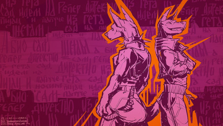 ambiguous_gender anthro biped bottomwear clothing collar crossed_arms duo jacket mouth_closed open_mouth pants sharp_teeth spiked_collar spikes teeth text topwear alekksandar conditional_dnp canid canine canis dobermann domestic_dog mammal pinscher 16:9 cyrillic_text digital_drawing_(artwork) digital_media_(artwork) hi_res russian_text widescreen