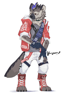 4_toes 5_fingers anthro belt black_hair blue_hair boots bottomwear buckle claws clothed clothing collar dressing feet fingerless_gloves fingers footwear fur gloves grey_body grey_clothing grey_fur grey_shirt grey_topwear hair handwear jacket looking_aside male markings multicolored_hair open_clothing pants red_boots red_clothing red_footwear red_jacket red_topwear shadow shirt shoes simple_background solo spots spotted_body spotted_fur standing straps streetwear t-shirt tail techwear text toeless_boots toeless_footwear toes topwear two_tone_hair white_background white_bottomwear white_clothing white_pants kuromonsart arknights hypergryph studio_montagne spot_(arknights) hyena mammal spotted_hyena 2022 dated english_text hi_res signature