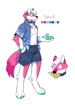 anthro arm_tuft black_nose blue_clothing blue_eyes blue_nipples blue_pawpads blue_topwear bottomwear cheek_tuft chest_tuft clothed clothing color_swatch elbow_tuft facial_tuft food food_in_mouth fur hair leg_tuft male navel nipples pawpads pink_body pink_fur pizza short_hair shorts simple_background solo standing three-quarter_view topwear tuft unsigned white_background white_body white_fur white_hair asnnonaka tyler_(asnnonaka) canid canine canis mammal wolf hi_res model_sheet