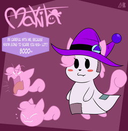 anthro black_eyes blush clothed clothing dialogue eyebrows eyelashes female hair hat headgear headwear heart_symbol mouth_closed name_drop paws pink_body pink_hair pink_heart pink_tail solo speech_bubble tail text tongue white_eyes white_text witch_hat luanctoons makita_(luanctoons) domestic_cat felid feline felis ghost mammal spirit 2024 absurd_res digital_media_(artwork) english_text hi_res