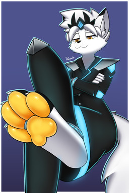 4_toes 5_fingers :3 anthro armor bedroom_eyes black_clothing claws clothing crossed_arms crossed_legs crown digit_ring feet fingers fluffy fluffy_tail foot_focus fur gem glowing hair headgear inner_ear_fluff jewelry looking_down male narrowed_eyes pawpads paws ring seductive solo tail toe_ring toes tuft white_body white_fur white_hair yellow_eyes yellow_pawpads panqueik orion_(cryofyraah) canid canine canis mammal wolf 2:3 absurd_res hi_res
