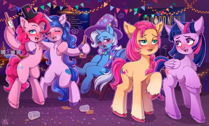 blush bodily_fluids confetti drooling drunk female feral fetlocks group horn party poster saliva substance_intoxication sweat sweatdrop wings javafluffy friendship_is_magic hasbro mlp_g5 my_little_pony mythology izzy_moonbow_(mlp) pinkie_pie_(mlp) sunny_starscout_(mlp) trixie_(mlp) twilight_sparkle_(mlp) earth_pony equid equine horse mammal mythological_creature mythological_equine pony unicorn winged_unicorn hi_res