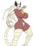 armwear bottomwear clothing elbow_gloves female gloves handwear legwear loincloth pasties red_eyes sharp_teeth solo teeth thigh_highs jijis-waifus n'cathe animal_humanoid cat_humanoid felid felid_humanoid feline feline_humanoid humanoid mammal mammal_humanoid mummy undead