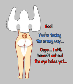 anthro big_butt butt clothed clothing costume female fluffy fluffy_tail fur holidays implied_nudity pantsless solo tail text white_body white_fur wide_hips yellow_body yellow_fur goldbowart halloween aurea_ides canid canine canis domestic_dog ghost mammal pomeranian spirit spitz english_text hi_res