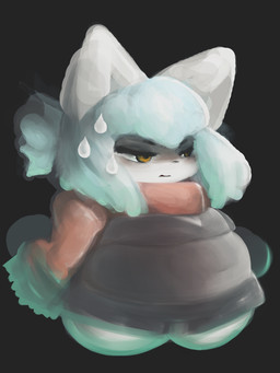 anthro bangs black_bottomwear black_clothing black_lips black_nose black_topwear blue_hair blush bodily_fluids bottomwear breasts cleavage clothed clothing eyelashes featureless_feet featureless_hands feet female female_anthro fully_clothed fur hair kemono lips looking_forward narrowed_eyes navel orange_eyes pupils red_scarf scarf slightly_chubby solo standing sweat tongue topwear white_body white_ears white_fur hasukii lee_(hasukii) canid canine mammal 3:4