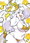 anthro beard big_breasts bikini bikini_briefs blonde_hair body_hair breasts bulge chest_hair clothing duo facial_hair female flexing fur gold_bikini hair horn long_ears male mature_male muscular muscular_anthro muscular_male nipples one_eye_closed pecs pubes swimwear two-piece_swimsuit white_body white_fur wink nam undertale undertale_(series) asgore_dreemurr toriel boss_monster_(undertale) bovid caprine goat mammal 2023 digital_media_(artwork)