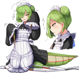 antennae_(anatomy) apron black_clothing black_dress blush clothed clothed_female clothing dress female garter_straps green_eyes green_hair hair legwear light_body light_skin maid_headdress maid_uniform mantis_arms simple_background sitting solo stockings taur_clothing uniform white_apron white_background white_clothing plan039 arthropod arthropod_taur humanoid_taur insect insect_taur mantis mantis_taur taur