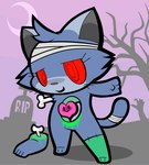 bandage bandaged_head bandaged_tail blood bodily_fluids bone candy_gore cemetery chibi colored_blood female gore green_blood heart_(organ) hole_in_chest organs red_eyes rotting solo toony unusual_blood unusual_bodily_fluids okojogairu domestic_cat felid feline felis mammal undead zombie