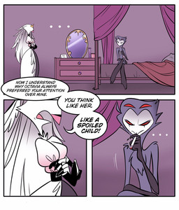 angry anthro bed black_text cigarette clothing crossed_arms crown dialogue dress duo female furniture hair headgear long_hair male mirror sitting smoking text white_text madelezabeth hellaverse helluva_boss stella_(helluva_boss) stolas_(helluva_boss) avian bird owl owl_demon comic english_text hi_res