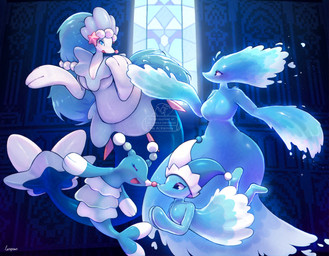 biped blue_body breasts cleavage clothed clothing featureless_breasts female feral floating fool's_hat group hat headgear headwear nose_to_nose open_mouth stained_glass stained_glass_window water water_body larsspawn deltarune nintendo pokemon undertale_(series) miss_mizzle brionne darkner elemental_creature generation_7_pokemon mizzle_(deltarune) pokemon_(species) primarina water_creature absurd_res hi_res signature watermark