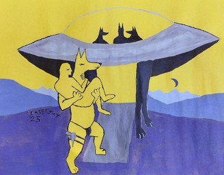 ambiguous_gender bridal_carry carrying_another clothed clothing crescent_moon eyes_closed flying_saucer g-string g-string_only group gun hill laser_gun moon nude ranged_weapon silhouette sky ufo underwear underwear_only weapon yellow_body yellow_sky animalamalgam canid canine canis domestic_dog human mammal 2025 acrylic_painting_(artwork) dated hi_res painting_(artwork) restricted_palette signature traditional_media_(artwork) traditional_painting_(artwork)