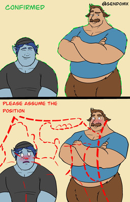 beanie blue_body blue_hair blue_skin blush bodily_fluids clothed clothing crossed_arms duo eyes_closed facial_hair fur hair hat headgear headwear humanoid_pointy_ears male mature_male mature_taur mustache overweight overweight_male pointy_ears shirt simple_background smile sweat sweatdrop text topwear verification gendomx disney european_mythology face_verification_meme greek_mythology mythology onward_(2020) pixar barley_lightfoot colt_bronco centaur elf equid equid_taur humanoid humanoid_taur mammal mammal_taur taur comic digital_media_(artwork) english_text hi_res