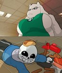 angry annoyed anthro apron apron_only big_breasts black_eyes bone breasts clothed clothing duo female food green_apron green_clothing horn jewelry looking_down mature_female mostly_nude necklace side_boob skeleton solo text under_boob centinel303 apu_spills_his_nuggies starbucks undertale undertale_(series) sans_(undertale) toriel animated_skeleton boss_monster_(undertale) bovid caprine goat mammal undead 2021 digital_media_(artwork) meme shaded