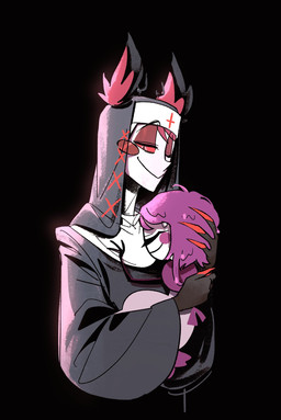 1_eye alternative_fashion black_background clothed clothing cross duo female goth inverted_cross male nun simple_background pest_fox hazbin_hotel hellaverse alastor_(hazbin_hotel) niffty_(hazbin_hotel) animal_humanoid cyclops deer deer_humanoid demon demon_humanoid humanoid mammal mammal_humanoid hi_res