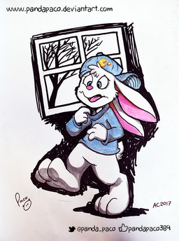 anthro blue_clothing blue_eyes blue_hat blue_headwear blue_topwear bottomless clothed clothing featureless_crotch fur hat head_tuft headgear headwear logo long_ears male male_anthro open_mouth pink_inner_ear pink_tongue plant solo text tongue topwear tree tuft white_body white_ears white_fur window young young_anthro young_male pandapaco lagomorph leporid mammal rabbit 2017 artist_logo dated signature url