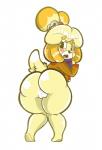 2015 accessory animal_crossing anthro anus big_butt biped black_nose blonde_hair blush bottomless butt canid canine canis clothed clothing domestic_dog featureless_feet feet female fur genitals hair hair_accessory hi_res isabelle_(animal_crossing) mammal nintendo pussy shih_tzu simple_background solo toy_dog twindrills white_background yellow_body yellow_fur