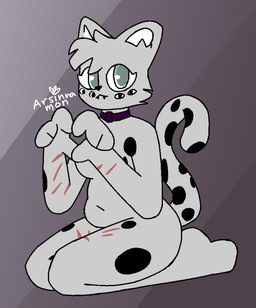 6_eyes anthro breasts female fur grey_body grey_fur heart_symbol multi_eye scar self-harm_scars simple_background solo spots toony arsinnamon vica_(bluerose) domestic_cat felid feline felis mammal absurd_res hi_res