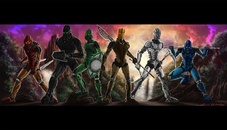 blue_eyes cloud female green_eyes group looking_at_viewer machine male mask melee_weapon not_furry outside polearm red_eyes shield sky staff sun sword water waterfall weapon ferain_(artist) bionicle lego robot toa hi_res