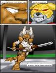 anthro armor bracers dialogue female fur grey_background grey_body grey_fur headgear helmet male mask melee_weapon pauldron polearm shin_guards simple_background staff tan_body tan_fur text weapon ferris wooky hitting_the_showers canid canine canis lagomorph leporid mammal rabbit wolf colored comic digital_media_(artwork) english_text