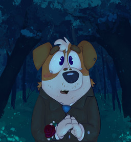 aged_up anthro black_clothing black_eyes black_nose black_suit black_topwear blue_necktie blush bodily_fluids brown_body brown_ears brown_fur clothing crying flower forest front_view fur grass hands_together looking_at_another male multicolored_body multicolored_fur necktie night plant rose_(flower) shrub solo suit surprised tears tears_of_joy teeth tongue topwear tree white_body white_fur shaibey bluey_(series) jack_russell_(bluey) canid canine canis domestic_dog hunting_dog jack_russell_terrier mammal terrier 2023 digital_media_(artwork) hi_res procreate_(artwork)