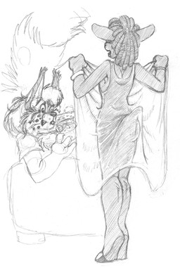 anthro dreadlocks duo female flashing hair male young wolfkidd constance_blacksheep bovid caprine domestic_sheep felid feline lynx mammal sheep 2013 monochrome