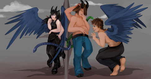 4_arms 4_legs eyewear feathered_wings feathers female glasses gradient group hooves horn humanoid_pointy_ears male multi_arm multi_leg multi_limb pointy_ears pregnant pregnant_male trio wings hellmagik666 animal_humanoid chimera humanoid hybrid absurd_res hi_res