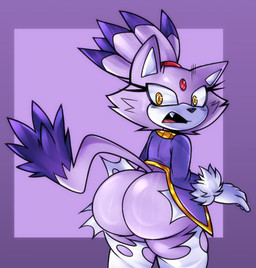 anthro big_butt bottomwear bubble_butt butt butt_focus clothing coat exposed_butt eyelashes fangs female forehead_gem fur gem glistening glistening_butt gloves hair handwear jewelry looking_back necklace orange_eyes pants ponytail purple_body purple_fur solo tail teeth topwear torn_bottomwear torn_clothing torn_pants kibichi sega sonic_the_hedgehog_(series) blaze_the_cat domestic_cat felid feline felis mammal hi_res