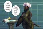 anthro beak biped birdbath black_body black_feathers dialogue feathers female mostly_nude shower_cap solo tail tail_feathers text potionmastercernun avian bird corvid corvus_(genus) crow oscine passerine english_text