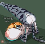 anthro areola batartcave big_breasts biped blonde_hair breasts butt claire_(batartcave) dialogue felid female grey_body hair hi_res huge_breasts hyper hyper_breasts inverted_nipples mammal nipples nude pantherine solo striped_body stripes text thick_thighs tiger