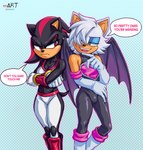 anthro blue_eyes bodysuit bra bulge clothing crossgender duo eyeshadow female ftm_crossgender fur hair hair_over_eye makeup male skinsuit smile smirk sports_bra text tight_clothing underwear white_body white_fur wings m4rsart sega sonic_the_hedgehog_(series) rogue_the_bat_(nikkikaji) rouge_the_bat shadow_the_hedgehog bat eulipotyphlan hedgehog mammal english_text hi_res