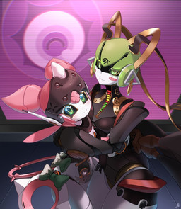 antennae_(anatomy) artificial_intelligence barcode black_body blush blush_stickers bow_ribbon ear_piercing ear_ring electronics female green_eyes green_hair group hair hug hugging_another looking_at_another looking_at_viewer machine male metallic_body metallic_hair monitor multicolored_body musical_note musical_symbol not_furry piercing pink_body pink_hair pseudo_hair ring_piercing robot_antenna robot_ears smile smiling_at_viewer symbol trio white_body suzuta mihoyo zenless_zone_zero aria_(zenless_zone_zero) vesper_(zenless_zone_zero) youkai_(zenless_zone_zero) digital_creature humanoid robot robot_humanoid hi_res