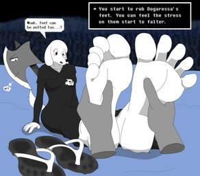 ambiguous_gender anthro axe clothing dialogue duo faceless_ambiguous faceless_character feet female foot_fetish foot_rub footwear humanoid_feet imprints plantigrade rubbing_feet sandals shoes speech_bubble text thought_bubble raidenthedeoxys toby_fox_(copyright) undertale undertale_(series) dogaressa canid canine canis domestic_dog mammal absurd_res english_text hi_res