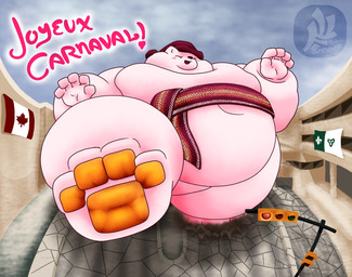 ambiguous_gender anthro arrow_sash belly big_belly blush canadian_flag clothing cracked_ground eyes_closed feet fish_eye_view foot_focus franco-ontarian_flag fur hat headgear headwear hyper looming macro moobs nightcap obese obese_anthro overweight overweight_anthro pawpads paws road_damage sash size_difference smile snow solo stomping street text thick_thighs traffic_light white_body white_fur wide_hips fujiyama_samoyed fujiyama_kenhaku canid canine canis domestic_dog mammal nordic_sled_dog samoyed spitz digital_media_(artwork) french_text hi_res shaded soft_shading watermark