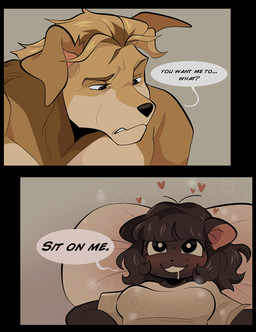 anthro anthro_on_anthro aroused blush blushing_profusely bodily_fluids dialogue drooling furniture heart_symbol male male_anthro open_:3 requesting saliva sex_request sofa text chewtoyys biscuit_(chewtoyys) lucky_(chewtoyys) canid canine canis domestic_cat domestic_dog felid feline felis mammal 2026 absurd_res english_text hi_res nonbinary_(lore)