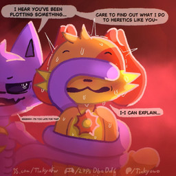 anthro bdsm bedroom_eyes blush blush_lines bodily_fluids charm_(jewelry) covering covering_eyes covering_face dialogue duo entangled fur jewelry long_tail looking_at_another male male_anthro narrowed_eyes necklace open_mouth orange_body orange_fur pose purple_body purple_fur questionable_consent raised_tail seductive smoke smoke_from_mouth speech_bubble squeezing standing sweat sweatdrop tail talking_to_another text tongue yellow_body yellow_fur tinky mob_entertainment poppy_playtime smiling_critters catnap_(poppy_playtime) dogday_(poppy_playtime) canid canine canis domestic_cat domestic_dog felid feline felis mammal url