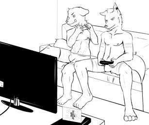 4_toes anthro barefoot bottomwear boxers_(clothing) bulge clothed clothing controller duo ear_piercing electronics feet fur furniture game_controller gaming hair happy high-angle_view inside male monitor navel nipples partially_clothed paws piercing playing_video_game shorts sitting smile smirk sofa spread_legs spreading television toes tongue tongue_out topless underwear bastriw canid canine canis domestic_dog mammal wolf 2015 black_and_white monochrome