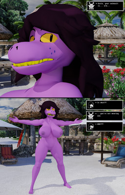 anthro barefoot beach big_breasts breasts curvy_figure dialogue exhibitionism feet female genitals nipples nude offscreen_character palm_tree plant plump_labia raised_arm solo text thick_thighs tree voluptuous vulva wide_hips daemont92 deltarune undertale_(series) noelle_holiday susie_(deltarune) deer lizard mammal new_world_deer reindeer reptile scalie absurd_res comic english_text hi_res