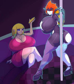 big_breasts bikini breasts clothed clothing dancing duo female footwear high_heels huge_breasts hyper hyper_breasts nipple_outline not_furry platform_footwear platform_heels pole pole_dancing shoes skimpy smile standing swimwear thick_thighs two-piece_swimsuit fluffyblarg nintendo skyward_sword the_legend_of_zelda twilight_princess midna princess_zelda elf humanoid hylian twili hi_res