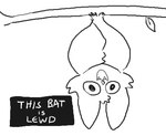 :3 ambiguous_gender bat_nose branch cartoon_eyes cheek_tuft dialogue_box facial_tuft fangs feral hanging_by_feet head_tuft membrane_(anatomy) membranous_wings open_mouth open_smile smile solo teeth text toony tuft upside_down wings lewdicrousart bat mammal black_and_white english_text low_res monochrome