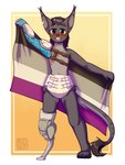 ageplay amputee anthro asexual_pride_colors black_eyes black_hair blush clothed clothing diaper disability flag flag_(object) front_view fur glistening glistening_eyes grey_body grey_fur hair happy holding_flag holding_object infantilism lgbt_pride long_hair male navel notched_ear open_mouth open_smile pride_colors prosthetic prosthetic_arm prosthetic_limb roleplay smile solo standing wearing_diaper white_diaper yellow_sclera riddlr felid mammal absurd_res full-length_portrait hi_res portrait