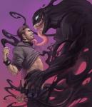 bodily_fluids claws clothed clothing drooling duo heart_symbol long_tongue male male/male muscular muscular_male not_furry open_mouth partially_clothed saliva sharp_teeth simple_background size_difference teeth tongue tongue_out white_eyes lurelin marvel spider-man_(series) eddie_brock venom_(marvel) alien human humanoid mammal symbiote digital_media_(artwork)