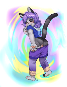 anthro barefoot blush bottomwear bottomwear_down butt clothed clothing feet female fur genitals grey_body grey_fur hair half-closed_eyes markings narrowed_eyes partially_clothed pawpads pink_pawpads presenting presenting_vulva purple_hair rear_view ring_(marking) ringed_tail shorts shorts_down solo striped_markings striped_tail stripes tail tail_markings vulva young young_anthro young_female aogami domestic_cat felid feline felis mammal absurd_res hi_res
