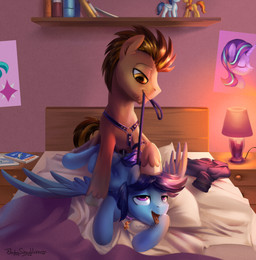 ahegao amber_eyes anal anal_penetration bed blue_body blue_feathers blue_fur brown_body brown_fur brown_mane brown_tail collar duo feathers feral feral_on_feral from_behind_position fur furniture genitals harness inside lamp leash leash_pull looking_pleasured lying male male/male male_penetrated male_penetrating male_penetrating_male mane mouth_hold on_bed open_mouth penetration penis pillow pink_eyes poster purple_mane purple_tail sex tail text tongue tongue_out wings jedayskayvoker friendship_is_magic hasbro my_little_pony mythology braeburn_(mlp) fan_character sierra_nightingale soarin_(mlp) starlight_glimmer_(mlp) vivid_syntax_(vividsyntax) wonderbolts_(mlp) equid equine horse mammal mythological_creature mythological_equine pegasus pony 2020 absurd_res english_text hi_res signature