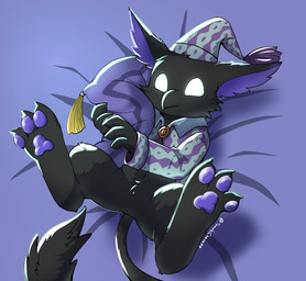 3_toes ambiguous_anthro ambiguous_gender anthro barefoot beak beak_closed big_ears biped bird's-eye_view black_beak black_body black_fur black_tail black_tail_tuft bottomless bottomless_ambiguous bottomless_anthro cheek_tuft claws clothed clothed_ambiguous clothed_anthro clothing empty_eyes facial_tuft featureless_crotch feet foot_focus fur glowing glowing_eyes hat headgear headwear high-angle_view hindpaw holding_object holding_pillow legs_up lying mouth_closed nightcap on_back open_clothing open_topwear pajamas pattern_clothing pattern_hat pattern_headgear pattern_headwear pattern_topwear pawpads paws pillow pivoted_ears purple_clothing purple_hat purple_headgear purple_headwear purple_inner_ear purple_pajamas purple_pawpads purple_topwear semi-anthro solo spread_legs spreading tail tail_tuft teal_clothing teal_hat teal_headwear teal_pajamas teal_topwear toe_claws toes topwear tuft white_eyes young young_ambiguous young_anthro tamakichannnn deadlock_(game) mythology valve rem_(deadlock) avian chimera dream_creature gryphon mythological_avian mythological_creature 2026 hi_res