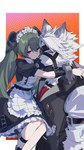 clothed clothing duo female fur green_hair hair harness inner_ear_fluff looking_at_viewer maid_uniform male simple_background tuft uniform white_body white_fur sylvia_(17783380) mihoyo zenless_zone_zero corin_wickes von_lycaon canid canine canis human mammal wolf absurd_res hi_res