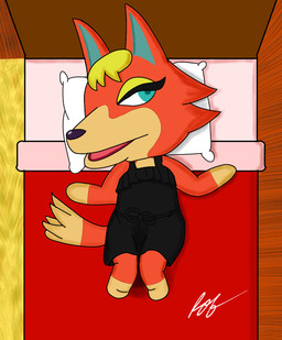 bed bedroom_eyes black_clothing black_dress clothing dress female fur furniture lying lying_on_bed narrowed_eyes on_bed orange_body orange_fur pillow seductive solo rob-posa animal_crossing nintendo audie_(animal_crossing) canid canine canis mammal wolf hi_res